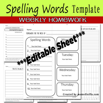 Weekly Spelling Words Homework Sheet Template by Ms Med Designs | TPT