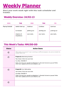 Preview of Weekly Task Tracker: Editable Google Doc Planner for Productivity Pink 