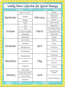 Preview of Weekly Themed Calendar for Speech Therapy
