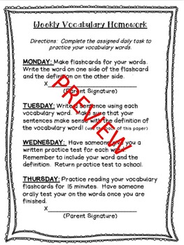 weekly vocabulary homework