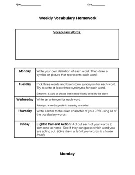 vocabulary homework templates