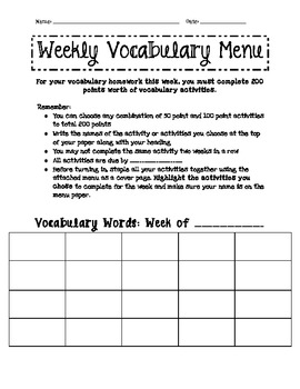 Preview of Weekly Vocabulary Menu Homework