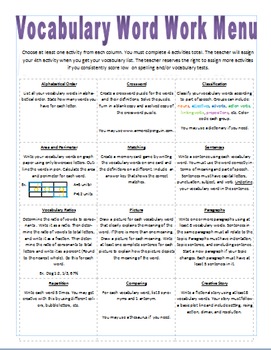 Preview of Weekly Vocabulary Word Work Menu