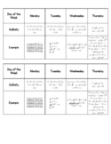 Weekly Word Wall Words Homework Schedule
