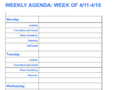 Weekly agenda/planner for 1 class 
