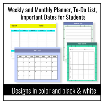 Preview of Weekly and Monthly Planner, To-Do List, Important Dates for Students _ Editable