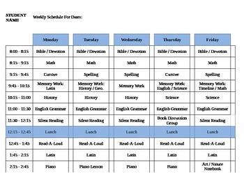 Preview of Weekly or Daily Student or Class Schedule Template Editable Homeschool
