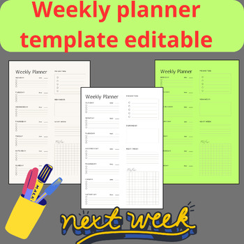 Preview of Weekly planner template editable _ Editable daily weekly teacher planner digital