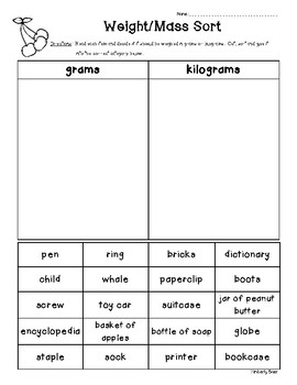Preview of Weight / Mass Sorting Worksheet - Grams and Kilograms