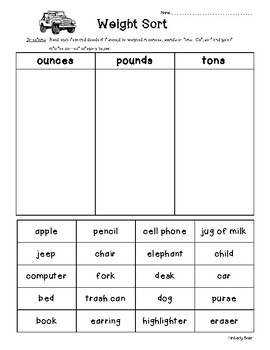 Preview of Weight Sorting Worksheet - Ounces, Pounds or Tons?