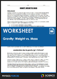 Weight vs. Mass Physics Worksheet on Gravity Gravitational