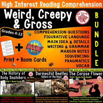Preview of Weird, Creepy & Gross READING COMPREHENSION Non-Fiction BUNDLE, All Goals