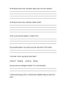 Welcome Back to School Questionnaire (any subject/grade) by The ...