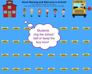 Preview of "Welcome Back to School" Schoolhouse Bus Themed SMART Board Attendance w/ SOUND