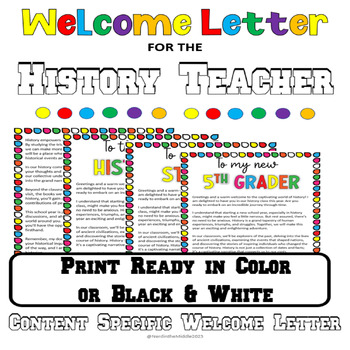 Preview of Welcome Letter: History Teacher