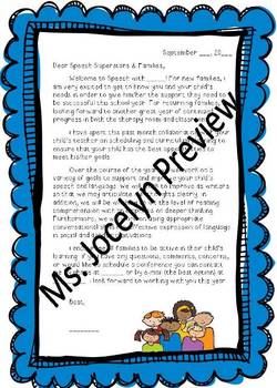 Preview of Welcome Letter - Speech Therapy