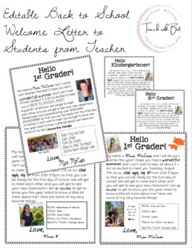 Preview of Editable Meet the Teacher Back to School Welcome Letter to Students from Teacher