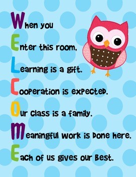 welcome owl sign acrostic theme polka dot classroom signs teacherspayteachers kg rules kindergarten themes displays