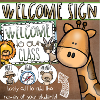 Preview of Welcome To Our Classroom Door Sign Display Jungle Safari Theme Editable