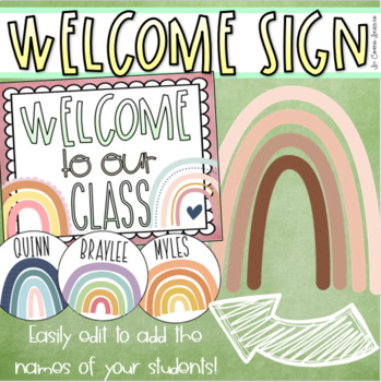 Preview of Welcome To Our Classroom Door Sign Display Modern Boho Rainbow Theme Editable