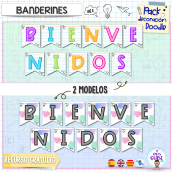 Preview of Welcome banners- Banderines Bienvenidos- Doodle decor theme- bilingual