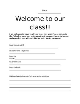 Preview of Welcome sheet (questionnaire)