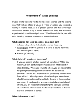 Preview of "Welcome to 6th Grade Science" beginning of Year Letter