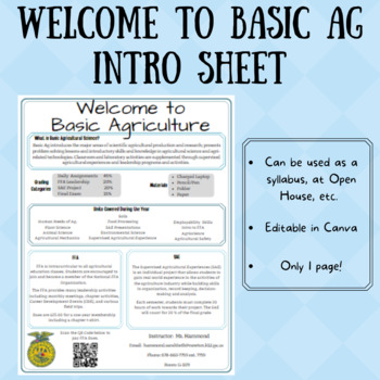 Preview of Welcome to Basic Ag Intro Sheet