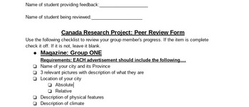 Preview of Welcome to Canada Project: Peer feedback form