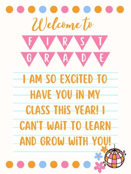 Preview of Welcome to First Grade Greeting Cards (Groovy Theme)