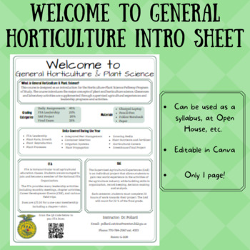 Preview of Welcome to General Horticulture Intro Sheet