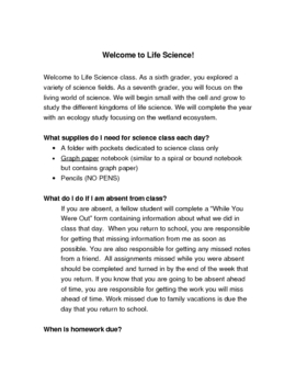 Preview of "Welcome to Life Science" beginning of year letter