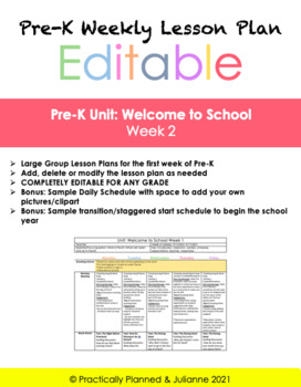 Preview of Welcome to Pre-K Week 2 Editable Lesson Plan