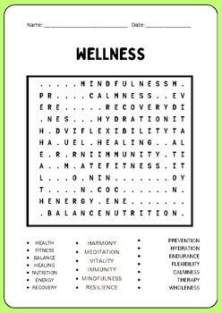 Wellness Word Search puzzles worksheet activity by Basic worksheet store