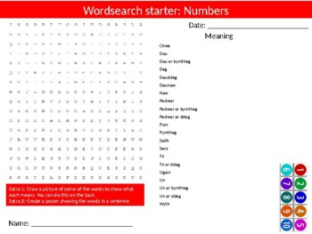 Preview of Welsh Numbers Starter Activities Keyword Wordsearch Homework Language