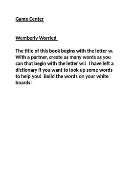 Preview of Wemberly Worried Literacy Center Activity