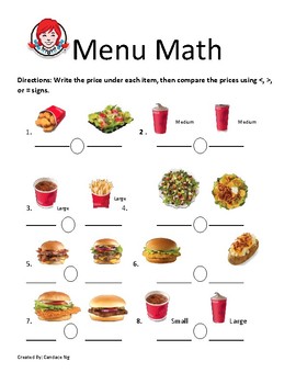 Wendy's Menu Math by Lifeskills Connections With Mrs NG | TpT