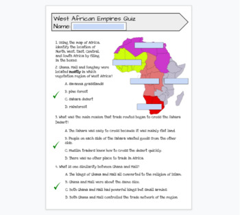 Preview of West African Empires {Ghana, Mali, Songhay} Quiz