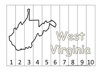 Preview of West Virginia Number Sequence Puzzle.  Learn the States preschool printable game