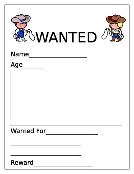 Preview of Western/Cowboy WANTED Poster, Drawing Page, Writing Prompt