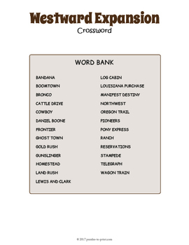 Westward Expansion Crossword Puzzle Worksheet by Puzzles to Print