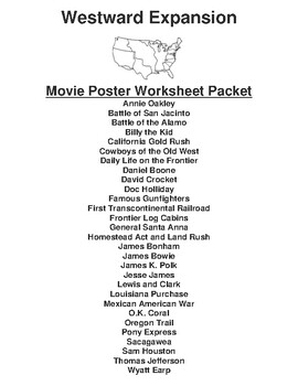Preview of Westward Expansion "Movie Poster" WebQuest & Worksheet Packet (30 Topics)