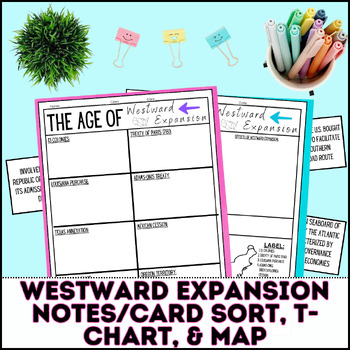 Preview of Westward Expansion Notes, Card Sort Activity, Map, and Chart US History