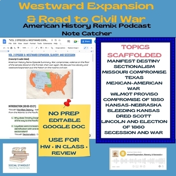 Preview of Westward Expansion Road to Civil War American History Remix Podcast Notes Guide
