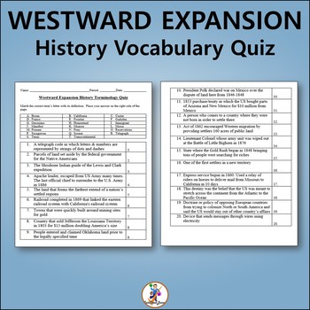Preview of Westward Expansion US History Vocabulary Quiz - Editable Worksheet