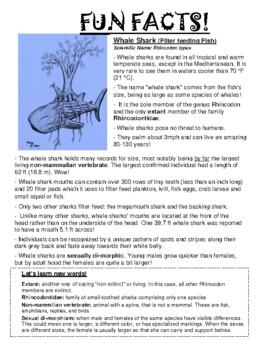Preview of Whale Shark Fun Facts & Coloring page printable, ocean life, fun learning, PDF