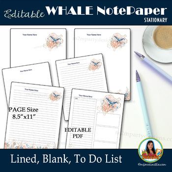 Preview of Whale Stationery,  Editable Notepaper Pages, Digital Planner, Lined
