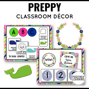Preview of Classroom Theme Decor Bundle Preppy Whales | Pink Blue and Green Paisley