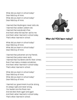Preview of What Did You Learn In School Today? Reflection. Learning. Writing. Journal. Song