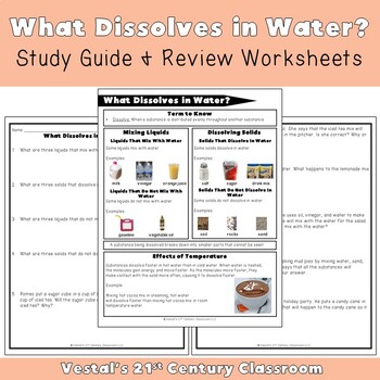 Preview of What Dissolves in Water Study Guide and Review Worksheets - VA SOL 3.3
